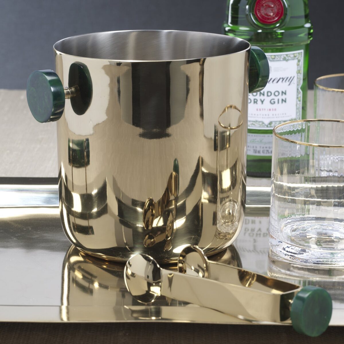 Gold Ice Bucket with Green Marble Handles