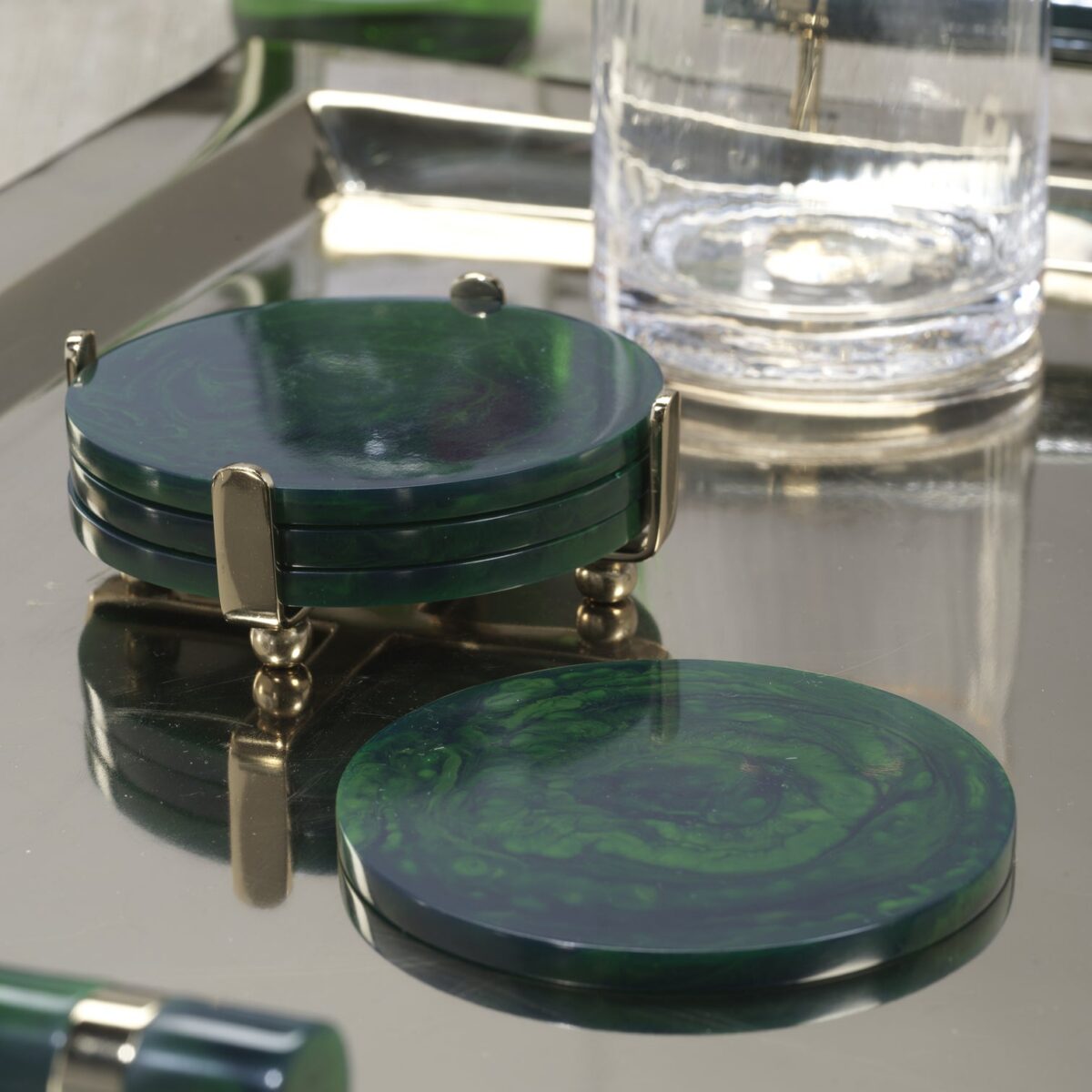 Green Marble Coasters with Gold Stand - Set of 4