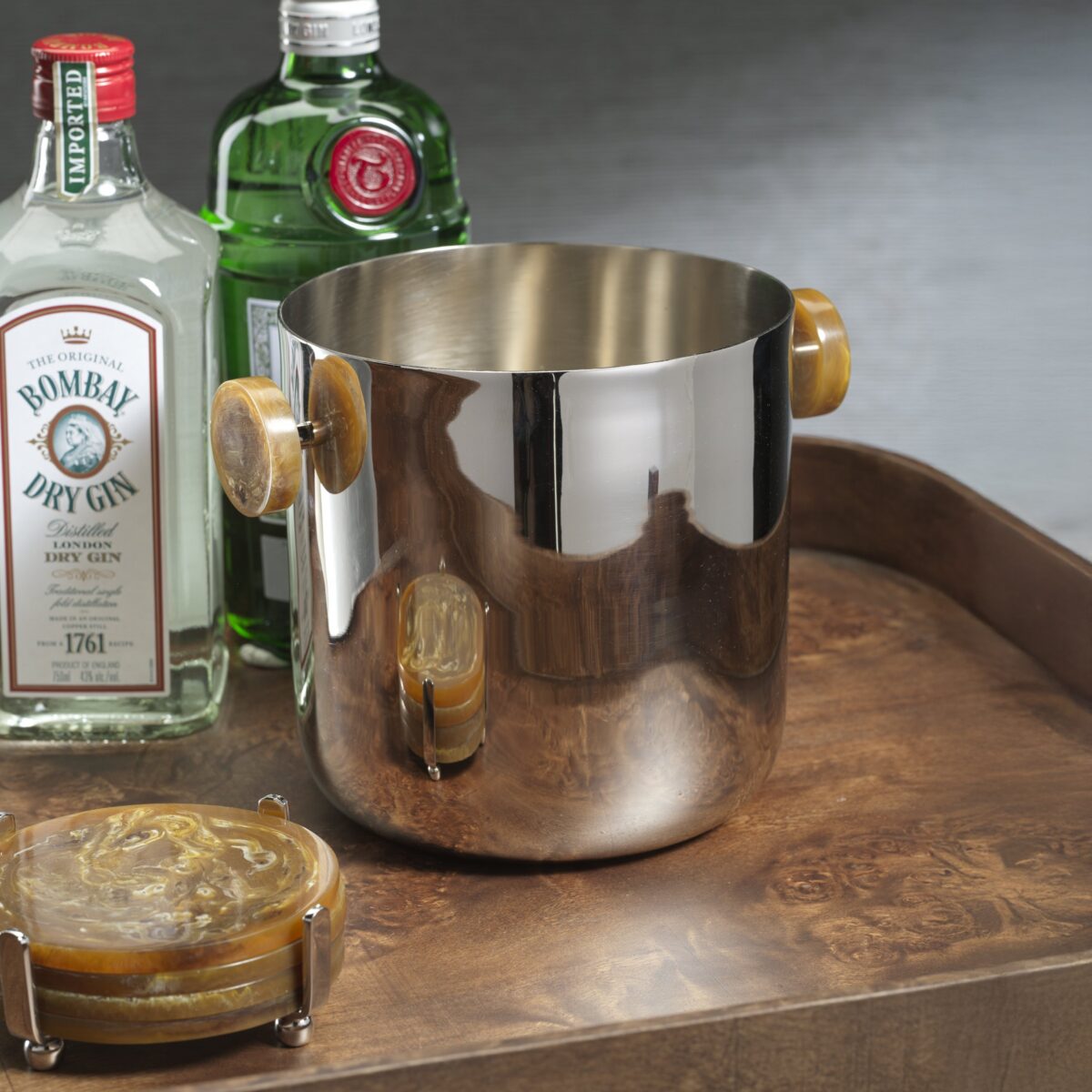 Nickel Ice Bucket with Amber Marble Handles