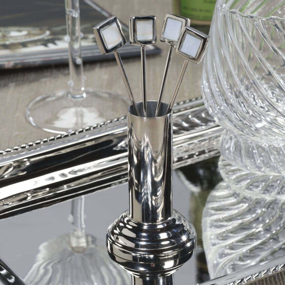 Polished Nickel Cocktail Picks with Stand Set of 4