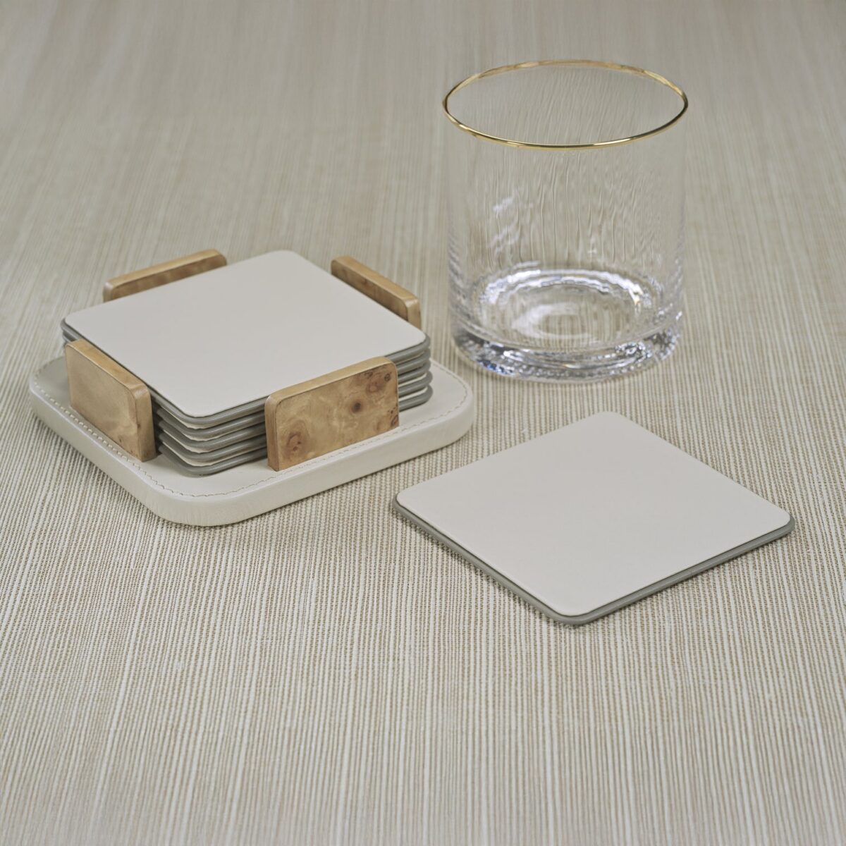 Ivory Leather and Burl Veneer Coasters - Set of 6